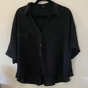 Cider Collar Pocket Short Sleeve Blouse — Black